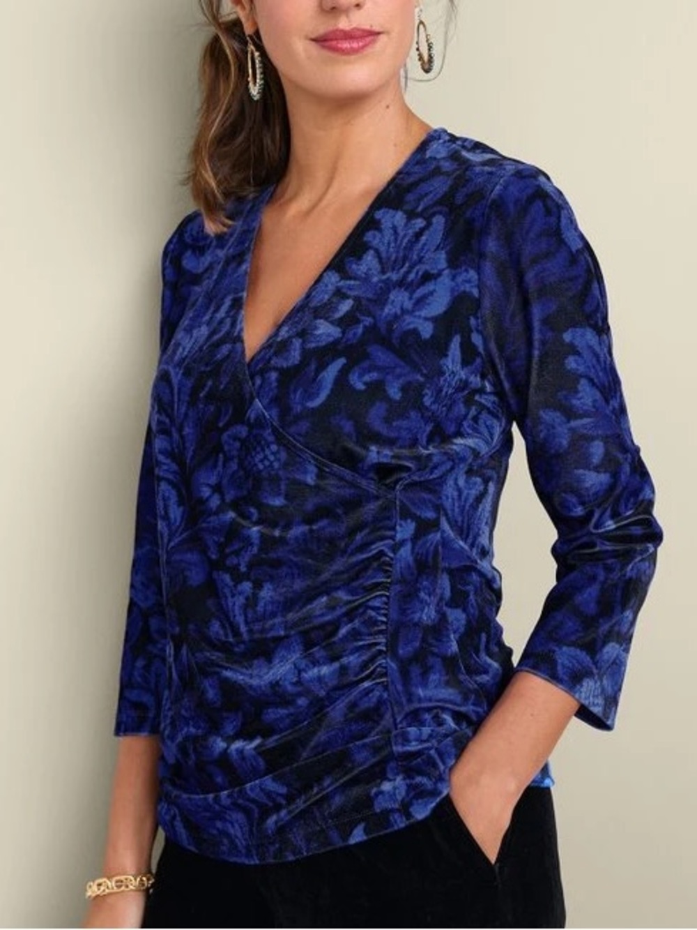 Soft Surroundings Women XL Floral Ruched Velvet Alyssa Knit Surplice Top NWT